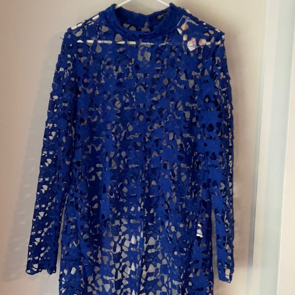 PRETTYGARDEN Elegant Blue Asymmetrical long sleeve lace Top size M - Picture 2 of 9